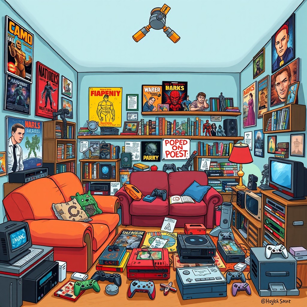 A humorous illustration of a geeky living room filled with various quirky gadgets, collectibles, and memorabilia
