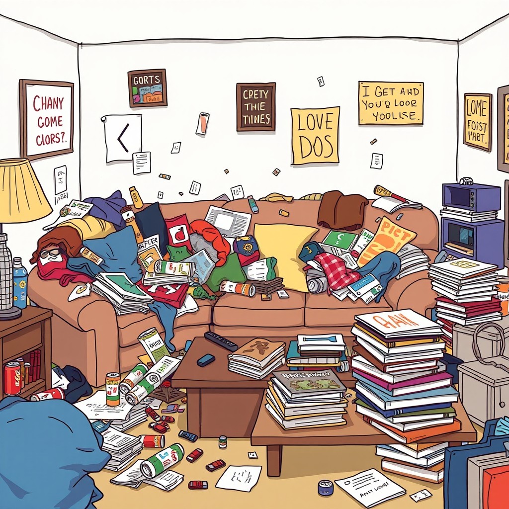 A humorous illustration of a messy living room, overflowing with clutter and disarray