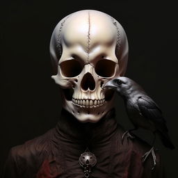 A light-colored, vertical image showcasing a small, terrifying skull and a crow, imbued with the macabre themes of black magic.