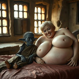 Inside an ancient medieval temple with old windows, a captivating scene unfolds on a bed