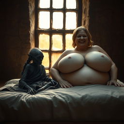 Inside an ancient medieval temple with old windows, a captivating scene unfolds on a bed