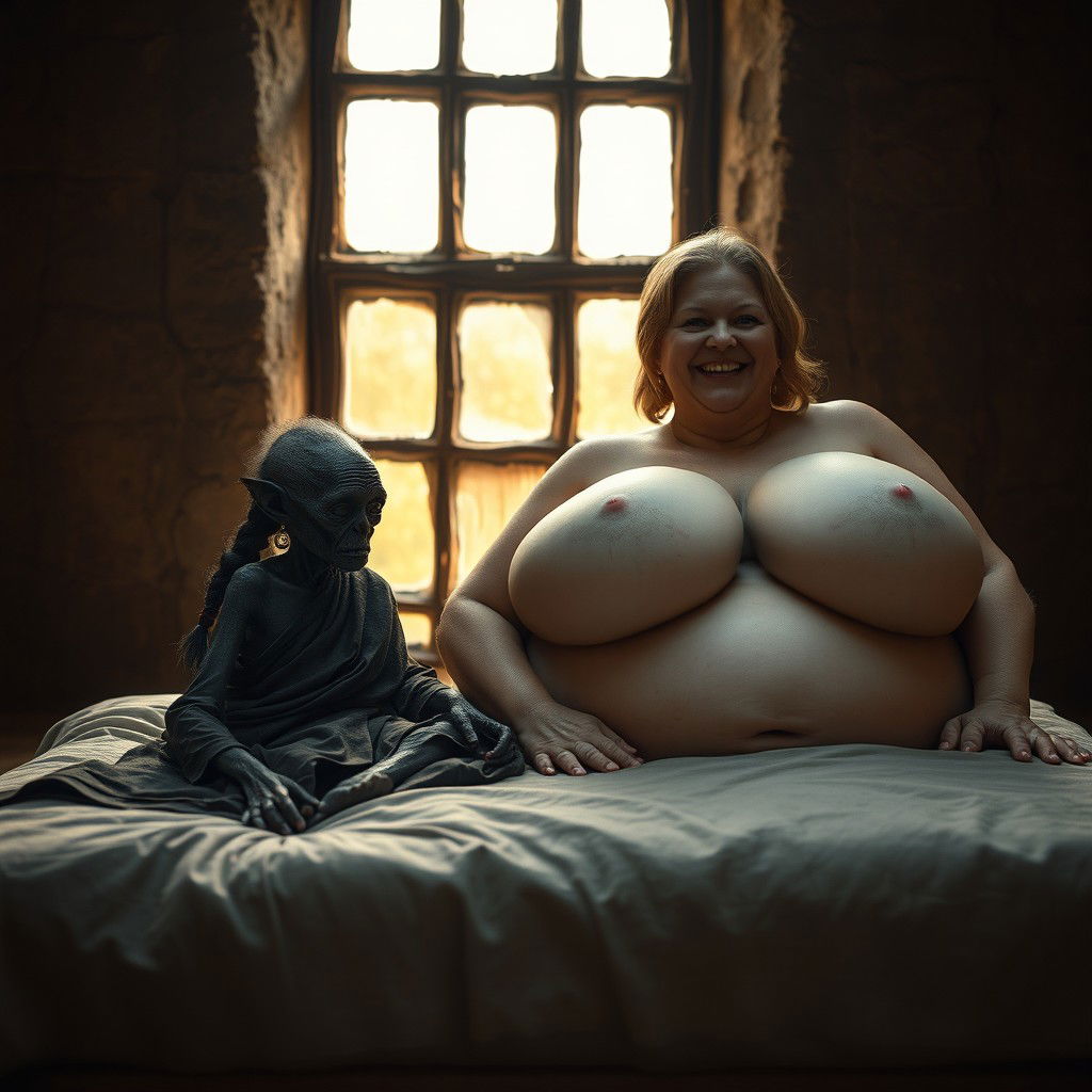 Inside an ancient medieval temple with old windows, a captivating scene unfolds on a bed