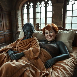 Two women lying on a medieval bed in an ancient palace with old windows