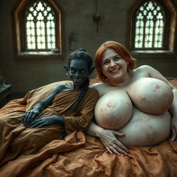 Two women lying on a medieval bed in an ancient palace with old windows