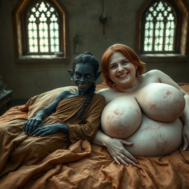 Two women lying on a medieval bed in an ancient palace with old windows