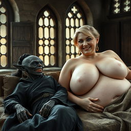 Two women lying in a medieval bed inside an ancient castle with old windows