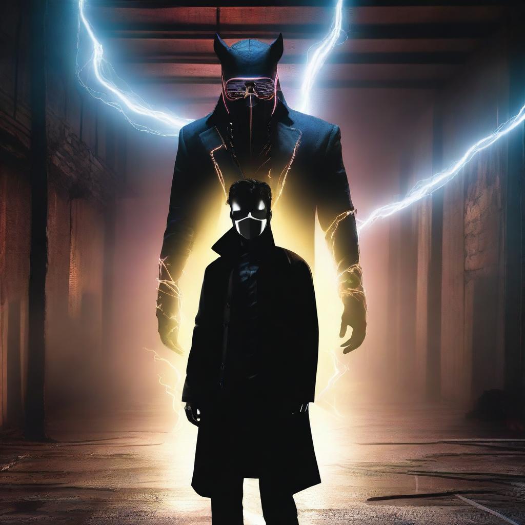 This is a high-quality digital art image depicting a mysterious figure in a black coat and horse-shaped mask, standing alongside the charismatic Thalapathy Vijay in an abandoned warehouse