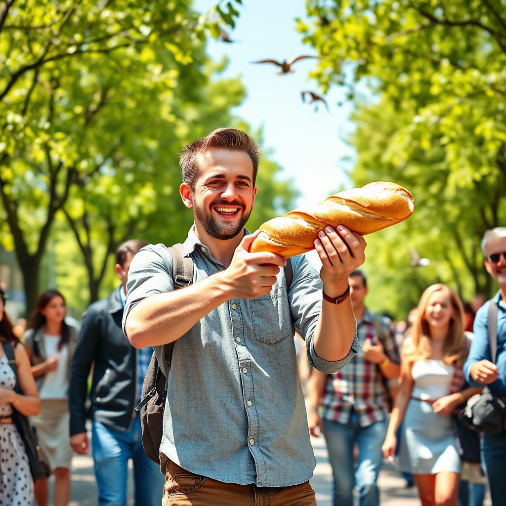 A humorous scene of a man creatively using a baguette like a bazooka, holding it confidently as if preparing to launch it