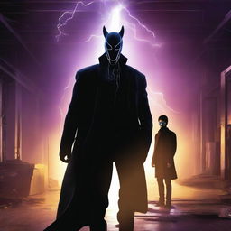 This is a high-quality digital art image depicting a mysterious figure in a black coat and horse-shaped mask, standing alongside the charismatic Thalapathy Vijay in an abandoned warehouse