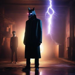 This is a high-quality digital art image depicting a mysterious figure in a black coat and horse-shaped mask, standing alongside the charismatic Thalapathy Vijay in an abandoned warehouse