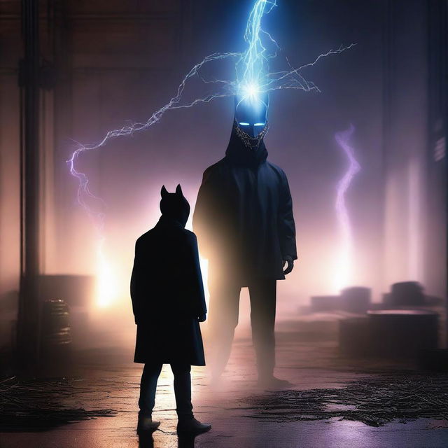 This is a high-quality digital art image depicting a mysterious figure in a black coat and horse-shaped mask, standing alongside the charismatic Thalapathy Vijay in an abandoned warehouse