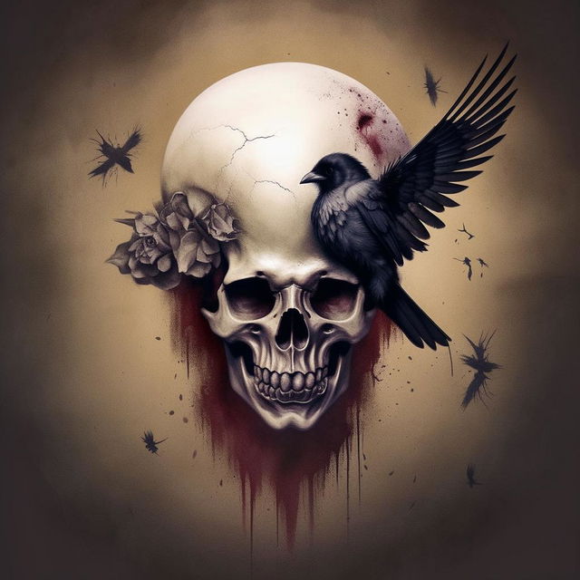 A light-colored, vertical image showcasing a small, terrifying skull and a crow, imbued with the macabre themes of black magic.