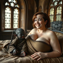 In a noble medieval room adorned with ancient windows, a stunning scene plays out on an elegant bed