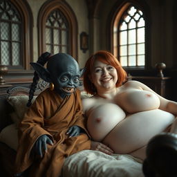 In a noble medieval room adorned with ancient windows, a stunning scene plays out on an elegant bed