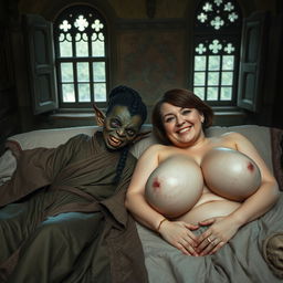 Two figures lying on a medieval bed within an ancient royal palace, complete with old windows that offer a glimpse of a grand interior