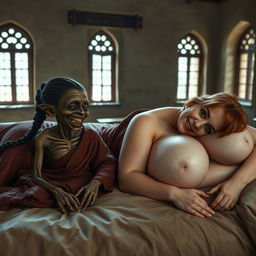 Two figures lying on a medieval bed in an ancient temple with old windows