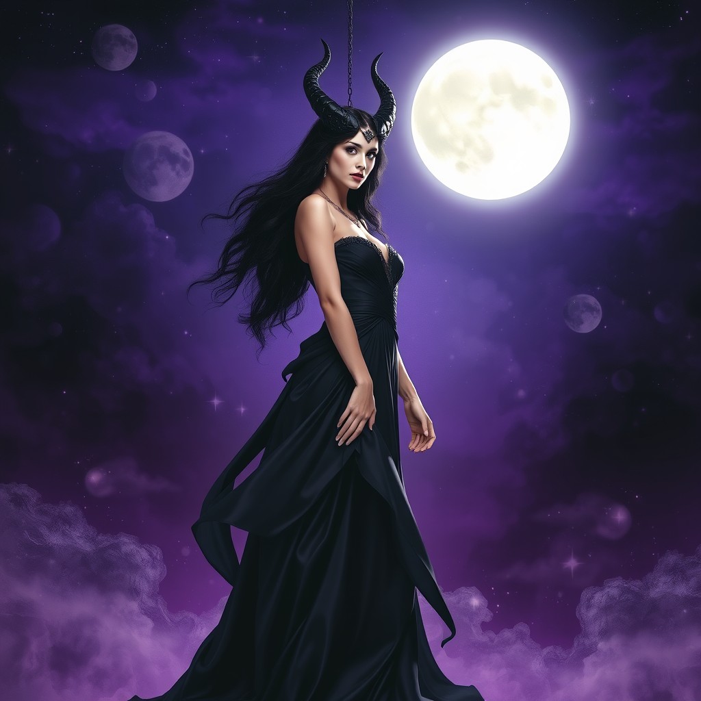 A stunning depiction of Lilith, a mythical figure, beautifully dressed in a flowing, elegant black gown that drapes gracefully around her