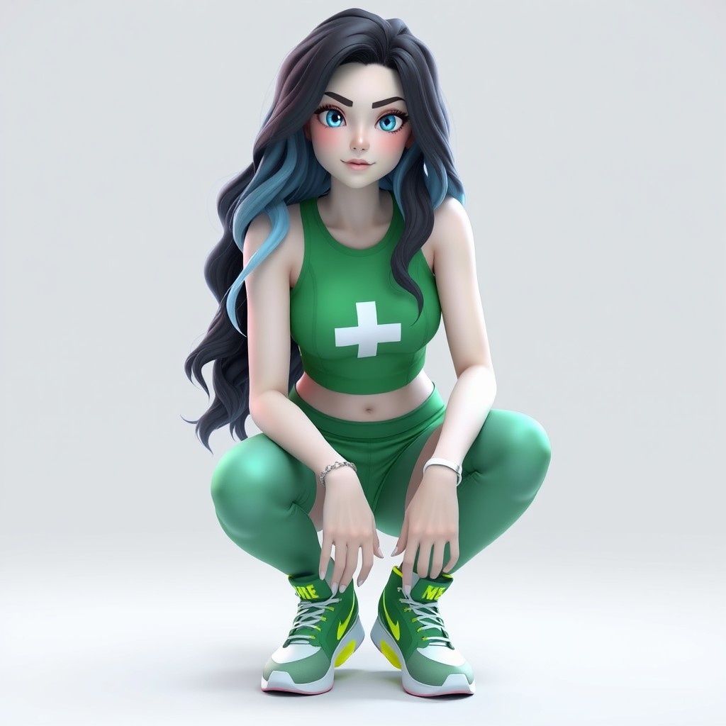 A full body 3D character of a 25-year-old woman with long wavy hair that transitions from black to light blue