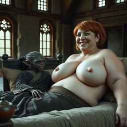 In a giant medieval bed situated in a spacious room adorned with ancient windows, a tiny African female goblin with extremely dark skin and a malnourished body reclines