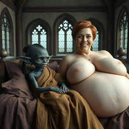 In a giant medieval bed situated in a spacious room adorned with ancient windows, a tiny African female goblin with extremely dark skin and a malnourished body reclines