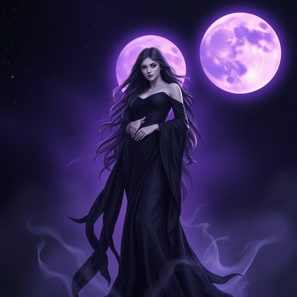 A mystical dark mother goddess figure, embodying femininity and power, dressed in an elegant flowing black gown that gracefully billows around her