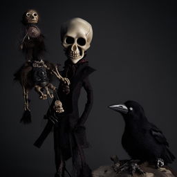 A vertical, light-colored image showcasing an eerie small skull, a crow, and a black magic puppet, all embodying the frightening essence of black magic.