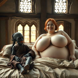 A medieval scene depicting a large bed in a medieval room with ancient windows, featuring two characters lying together