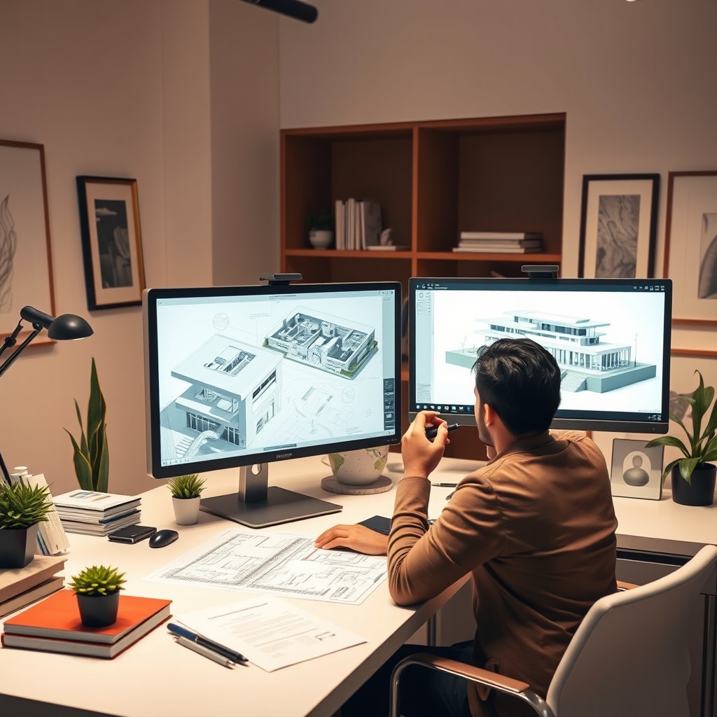 A Mexican architect intently working in a stylish modern workstation featuring dual monitors displaying intricate architectural plans and stunning 3D models