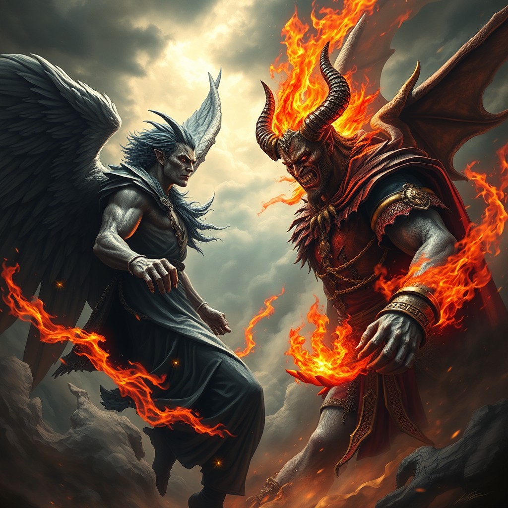 A dramatic confrontation scene between Samael and Satan, both depicted as powerful, otherworldly figures