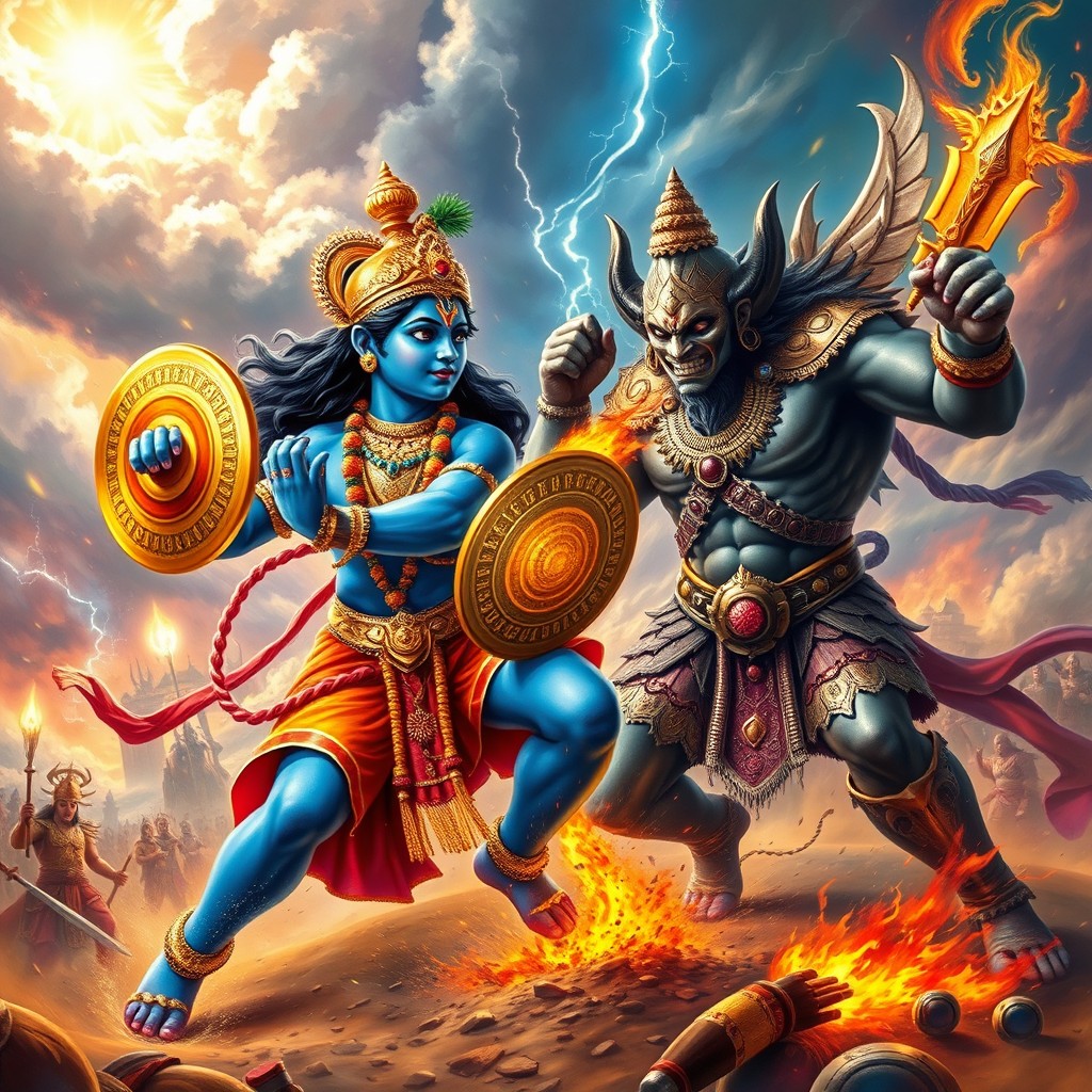 An epic and colorful depiction of the legendary battle between Lord Krishna and the demon Narkasur