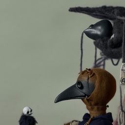 A vertical, light-colored image showcasing an eerie small skull, a crow, and a black magic puppet, all embodying the frightening essence of black magic.