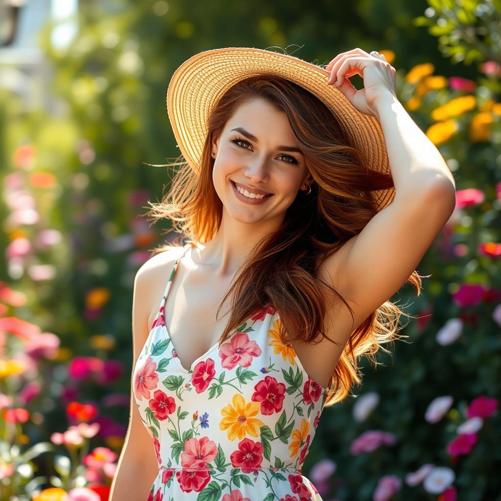A beautiful and charming woman named Shelly, with flowing chestnut hair, wearing a stylish summer dress adorned with vibrant floral patterns