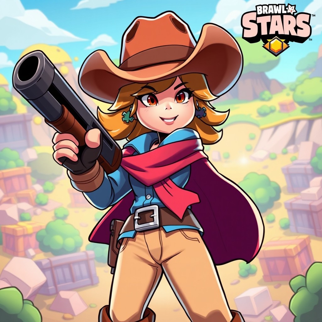 A highly detailed, dynamic illustration of Shelly from Brawl Stars, depicted in her iconic outfit featuring her signature brown cowboy hat, a stylish red scarf around her neck, and a blue shirt with beige pants