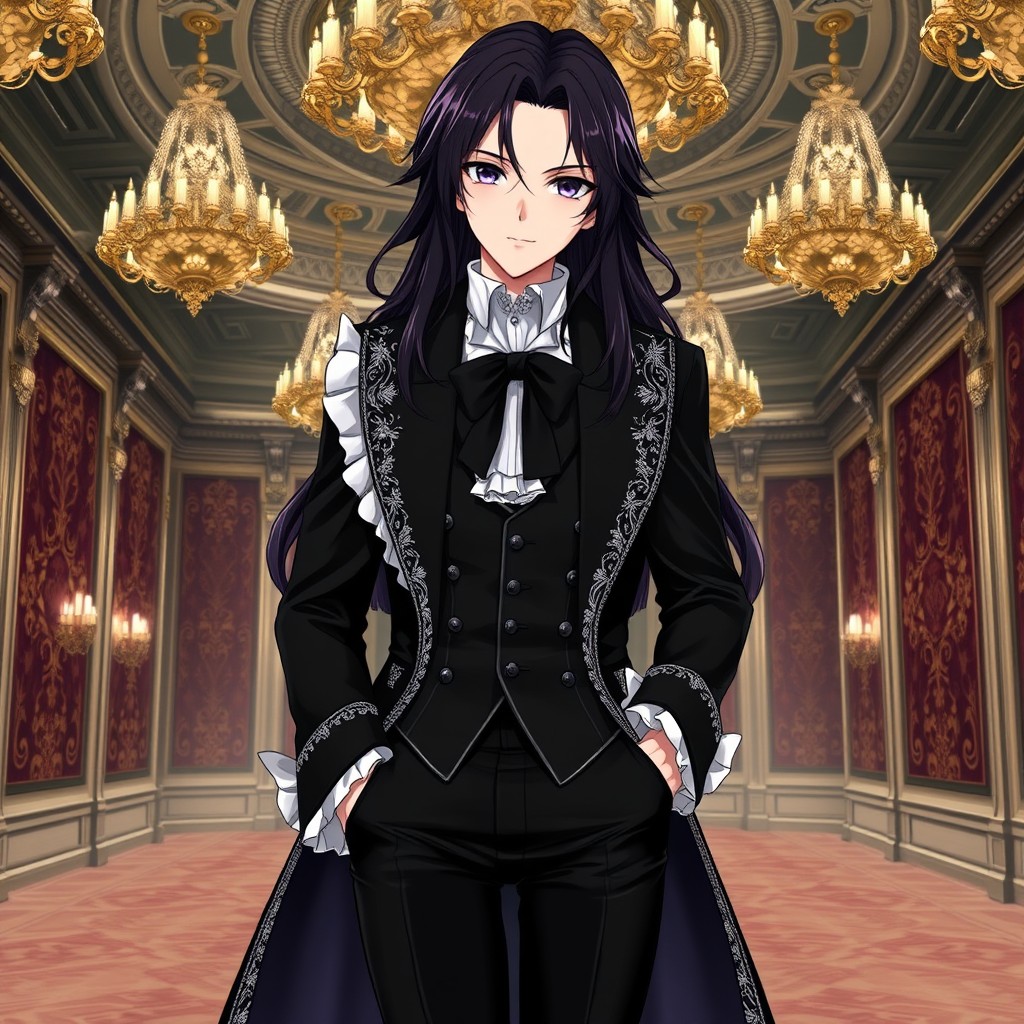A sophisticated anime character with long, lustrous dark hair styled in elegant waves, cascading down to their mid-back