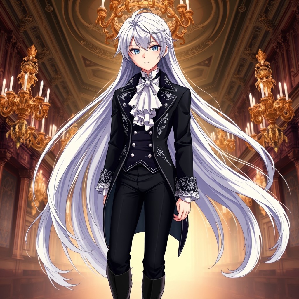 An enchanting anime character with long, flowing silver hair that shimmers with a subtle glow, cascading elegantly down their back