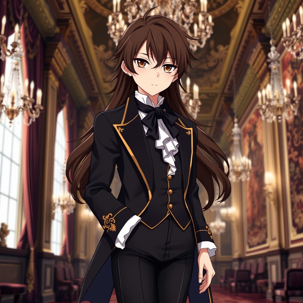An elegant anime character featuring long, flowing brown-black hair, styled in graceful waves that delicately frame their face and cascade down their back