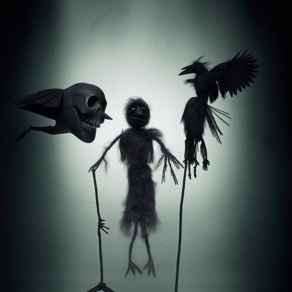 A vertical, light-colored image showcasing an eerie small skull, a crow, and a black magic puppet, all embodying the frightening essence of black magic.