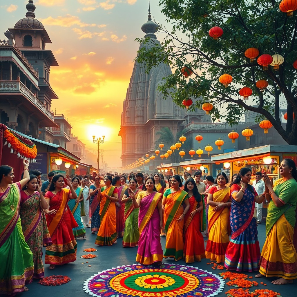 A vibrant and colorful Indian festival scene, showcasing traditional clothing such as saris and kurtas, adorned with intricate patterns and bright colors