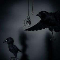 A vertical, light-colored image showcasing an eerie small skull, a crow, and a black magic puppet, all embodying the frightening essence of black magic.