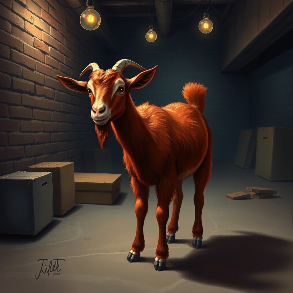 A realistic depiction of a red goat standing in a dimly lit basement