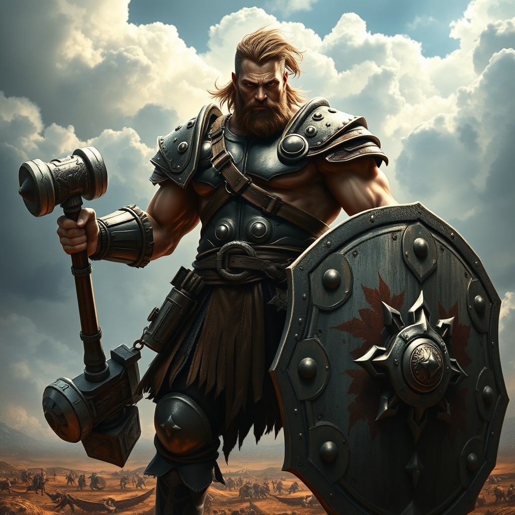 A powerful, muscular warrior standing tall in a fierce battle stance, gripping a large shield in one hand and a formidable hammer in the other