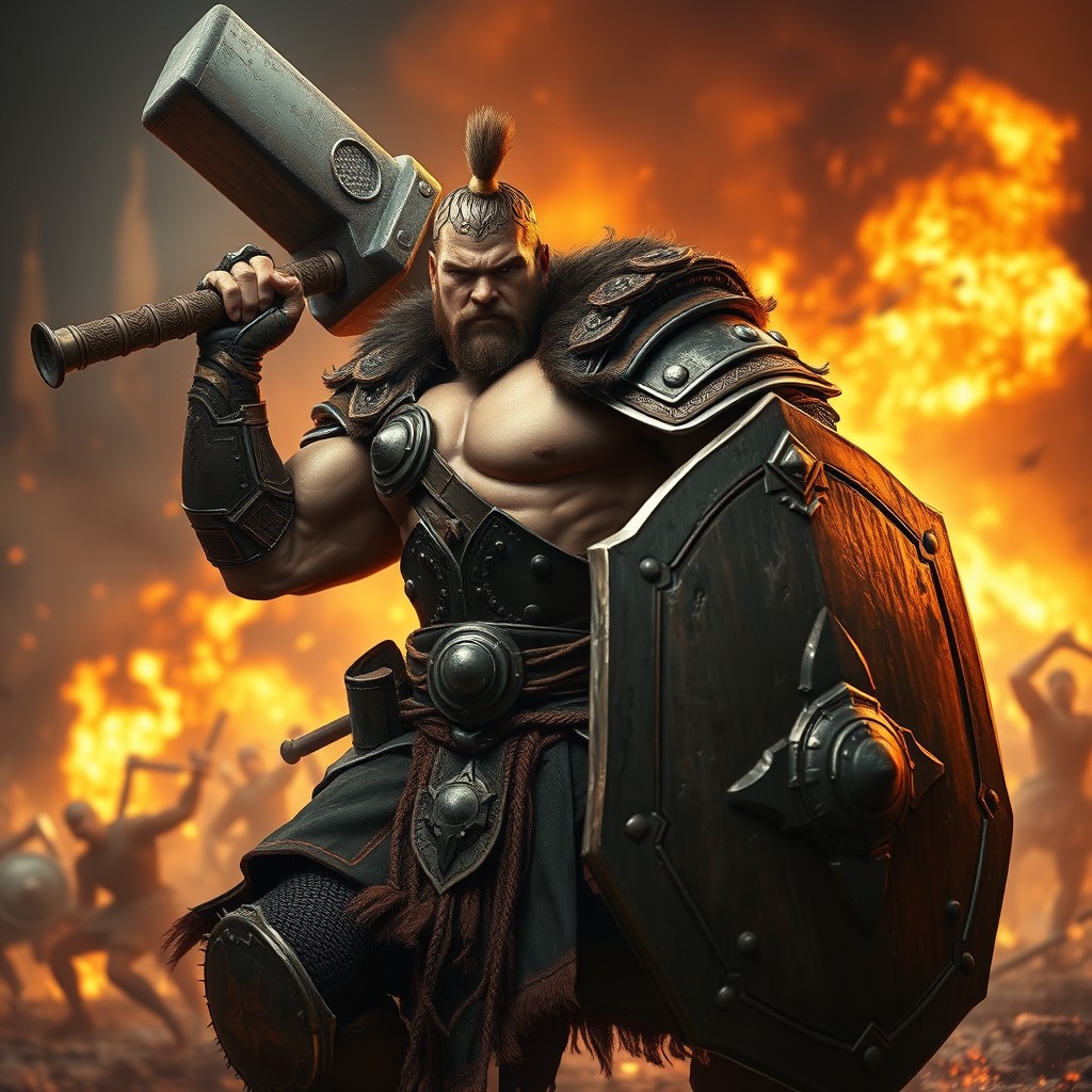 A muscular warrior clad in a detailed war suit, wielding a massive hammer in one hand and a sturdy shield in the other