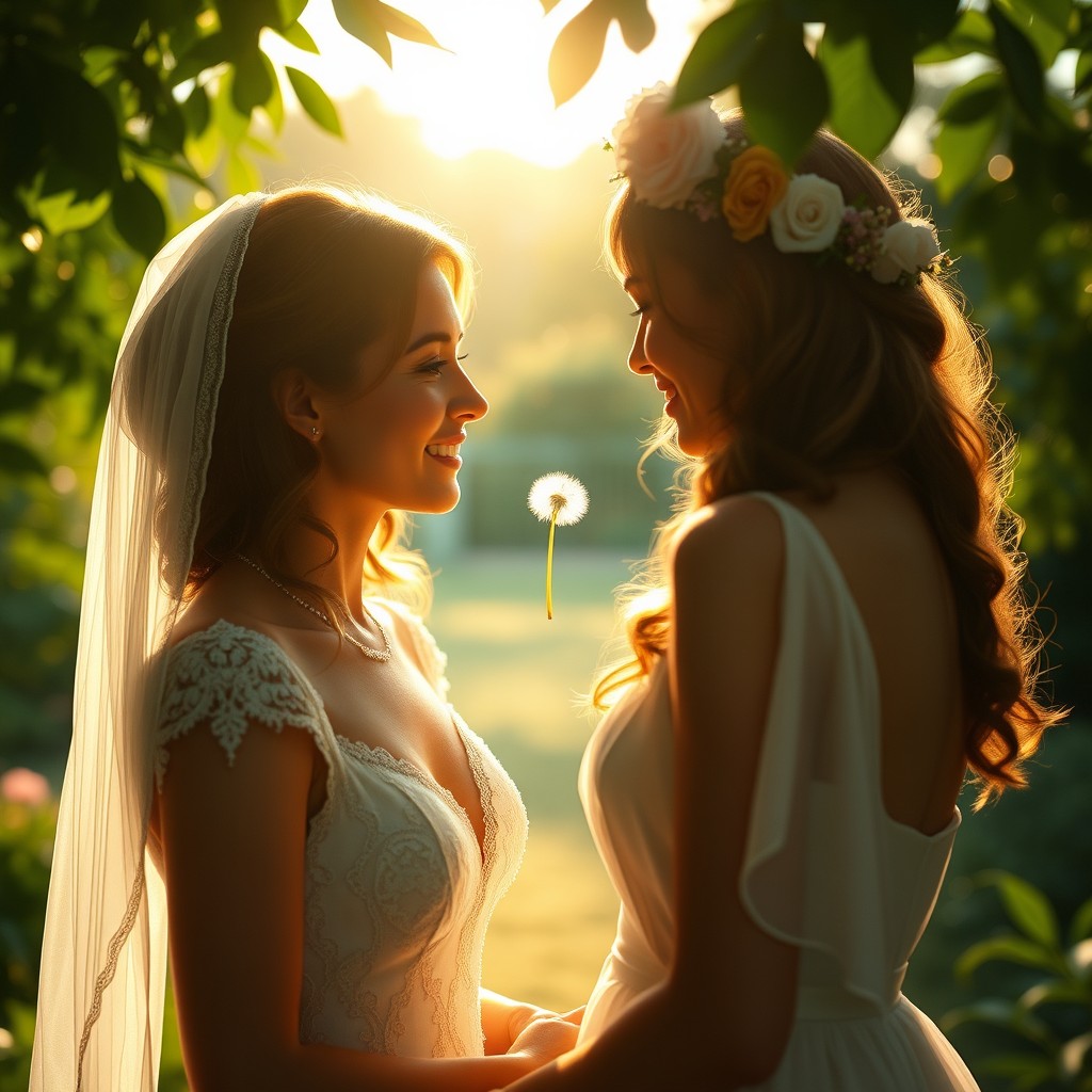 A hyper-realistic cinematic wedding film sequence capturing the intimate moment between two brides, Anya and Raya, on their wedding day