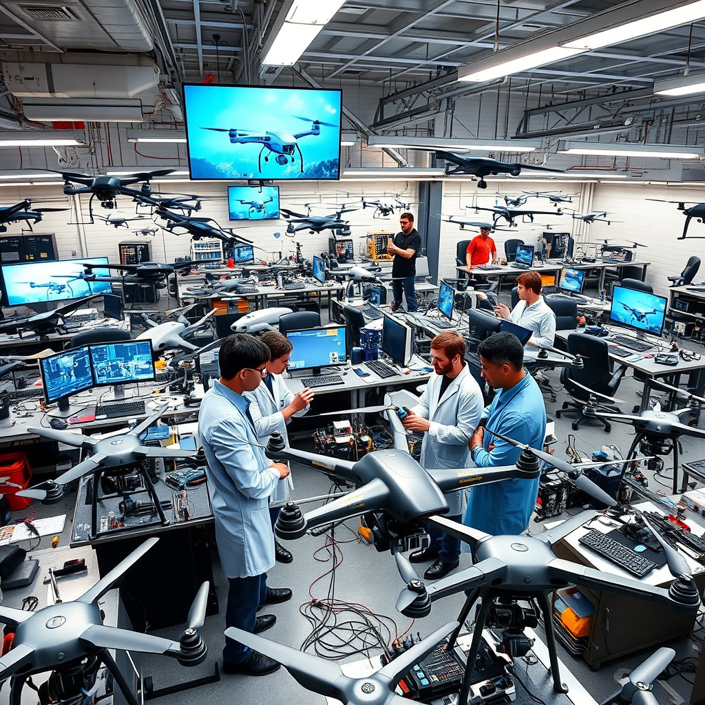 A high-tech drone laboratory filled with various types of drones in different stages of assembly