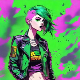 Illustrate a female character in vibrant punk aesthetics, displaying strong and rebellious personality. She has neon-colored hair, wearing a leather jacket with various patches, and is surrounded by a haze of vibrant, toxic green smoke.