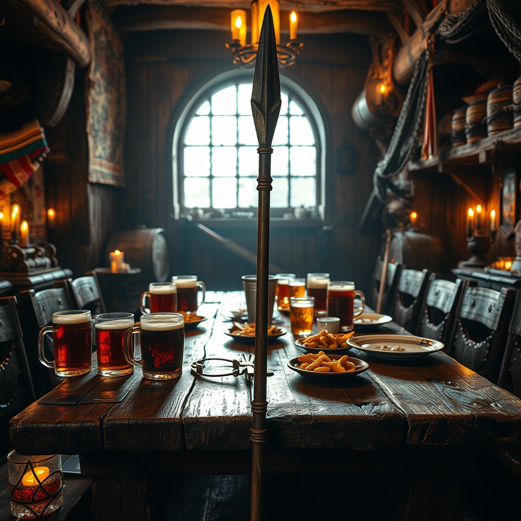 A medieval tavern interior featuring a rustic wooden table with a spear leaning against it