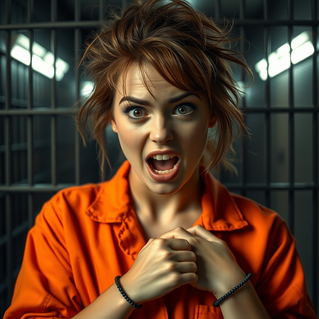 A 25-year-old woman in a prison setting, exhibiting a crazy and lovesick expression