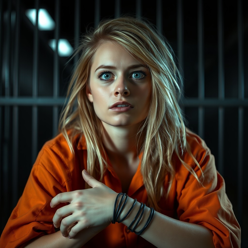 A 25-year-old woman in a prison setting, sitting submissively with a lovesick and slightly disturbed expression
