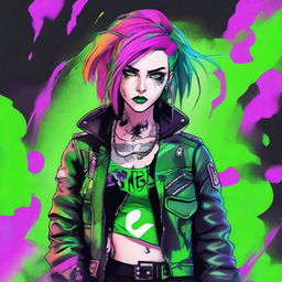 Illustrate a female character in vibrant punk aesthetics, displaying strong and rebellious personality. She has neon-colored hair, wearing a leather jacket with various patches, and is surrounded by a haze of vibrant, toxic green smoke.