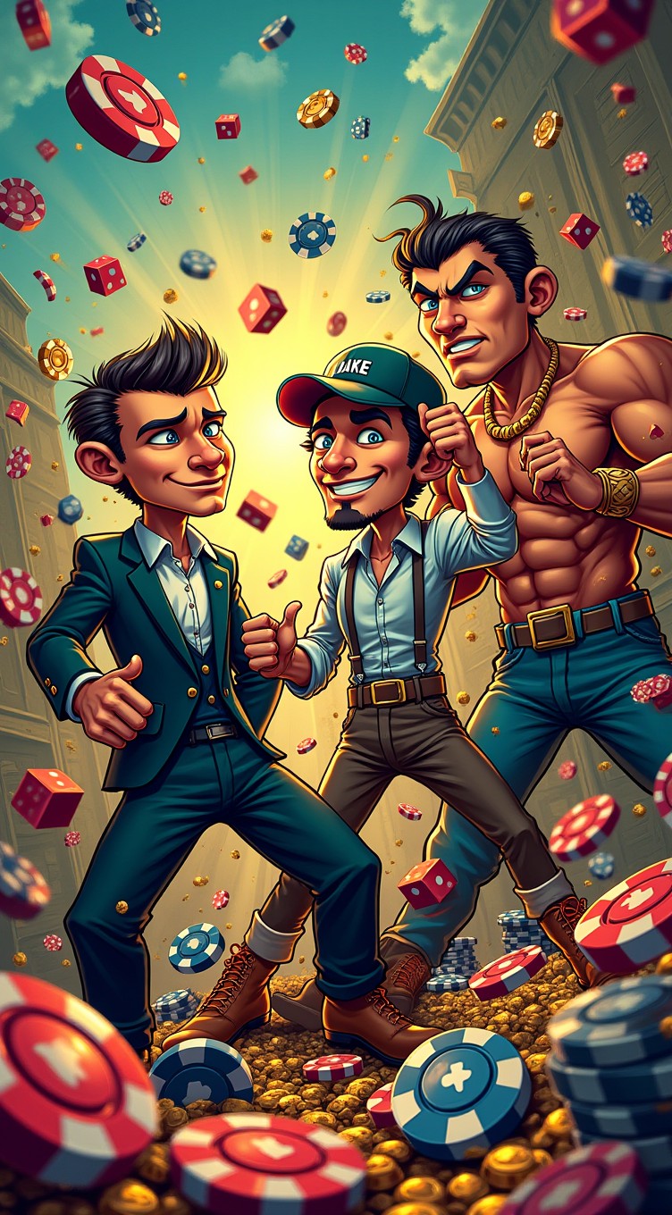 A trio of stylized characters representing Dealmaker Donny, Just Vince, and Bucky Baron, engaged in an epic battle against a sea of poker chips, dice, and gold